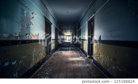 A corridor in an old abandoned building. 125198824