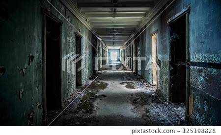 一座廢棄老建築裡的走廊。 一座廢棄老建築裡的走廊。 125198828