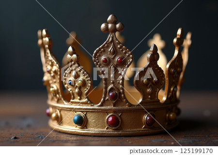 Exquisite Gold Crown With Colorful Jewels Displayed on Rustic Wooden Surface 125199170