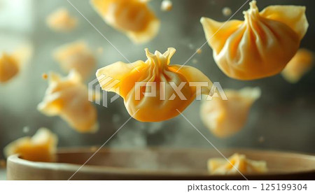 Dumplings are airborne, captured mid-flight as they are tossed into the air, showcasing their delightful shape and texture Dumplings are airborne, captured mid-flight as they are tossed into the air, showcasing their delightful shape and texture 125199304
