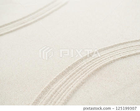 Zen Garden Sand White Background Japanese Balance Meditation Relax Buddhism Spirituality, Pattern Line Wave Mandala Mockup Spa Vacation Yoga Lifestyle Natural Summer, Texture Desert Coast Sea. 125199307