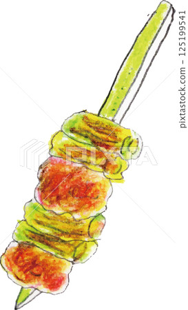 Grilled skewers, grilled chicken and green onions drawn by hand 125199541