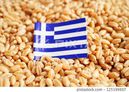 Greece flag on grain wheat, trade export and economy concept. 125199897