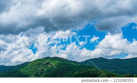 夏日藍天上白雲朵朵，山巒翠綠清新 125200351