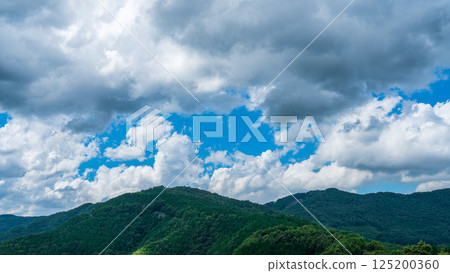 Many white clouds in the blue summer sky and fresh green mountains Many white clouds in the blue summer sky and fresh green mountains 125200360