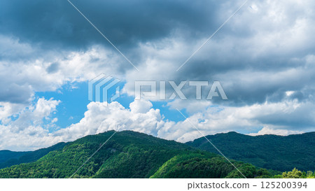 Many white clouds in the blue summer sky and fresh green mountains 125200394