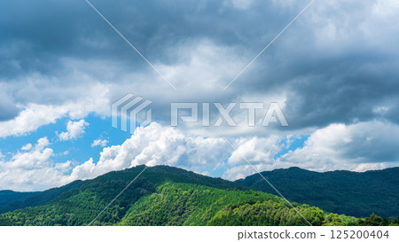 夏日藍天上白雲朵朵，山巒翠綠清新 125200404