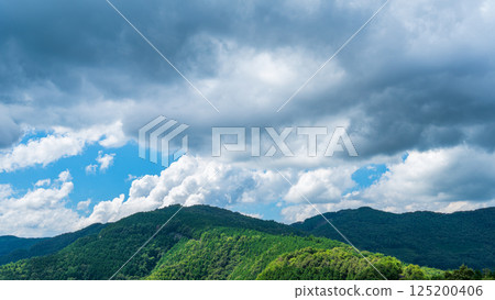 Many white clouds in the blue summer sky and fresh green mountains 125200406