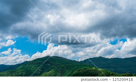 夏日藍天上白雲朵朵，山巒翠綠清新 125200418