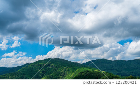 夏日藍天上白雲朵朵，山巒翠綠清新 125200421