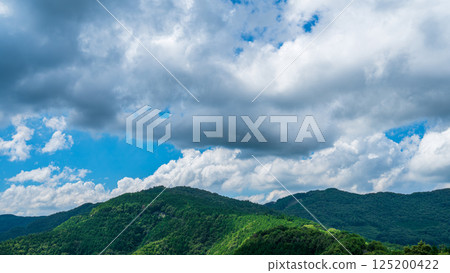夏日藍天上白雲朵朵,山巒翠綠清新 夏日藍天上白雲朵朵,山巒翠綠清新 125200422