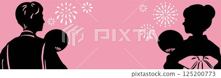 Banner silhouette yukata kimono men women hand-drawn summer fireworks Japanese style background illustration design Banner silhouette yukata kimono men women hand-drawn summer fireworks Japanese style background illustration design 125200773