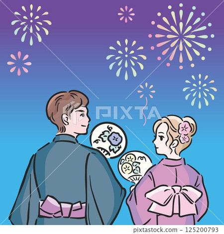 Frame Yukata Men Women Hand-drawn Summer Festival Fireworks Background Illustration Template Design 125200793