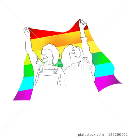 Hand drawn vector illustration of two people holding rainbow flags in LGBTQ gay, lesbian gay parade 125200921