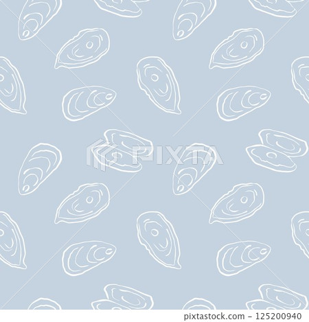 Minimal oyster seamless pattern in cut out matisse style for ocean design and packaging. White drawing on blue background Minimal oyster seamless pattern in cut out matisse style for ocean design and packaging. White drawing on blue background 125200940