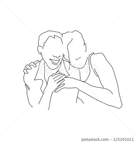 LGBTQ lesbian couple, two women embracing each other, hand-drawn line drawing vector illustration with transparent background 125201021