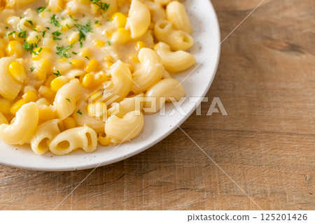 macaroni creamy corn cheese on plate 125201426