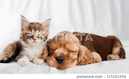 American Cocker Spaniel puppy and cat sleeping together 125201456