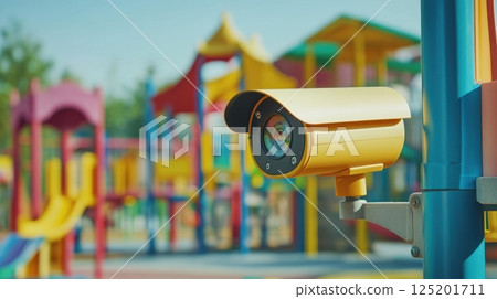 Bright Yellow Security Camera Overlooking Colorful Playground Area Bright Yellow Security Camera Overlooking Colorful Playground Area 125201711