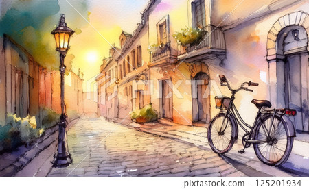 Bicycles in an alleyway dyed in the setting sun 125201934