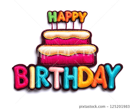 Embroidered patch of "Happy Birthday" and a birthday cake 125201983