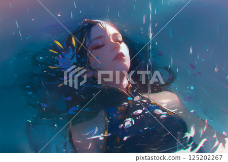 Fantastic woman floating in water in the rain 125202267
