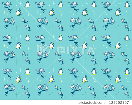 巴布亞企鵝伸展和美麗的百合花圖案插圖與背景 巴布亞企鵝伸展和美麗的百合花圖案插圖與背景 125202507