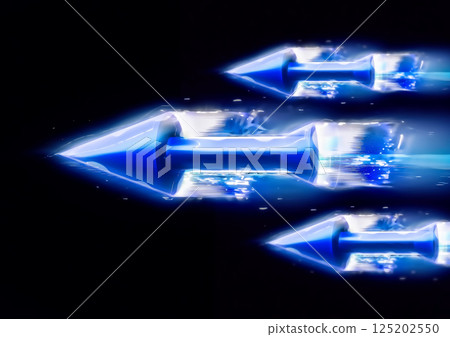 黑色背景上飛行的藍色數字箭頭的 3D 渲染 黑色背景上飛行的藍色數字箭頭的 3D 渲染 125202550