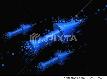 黑色背景上飛行的藍色數字箭頭的 3D 渲染 125202575