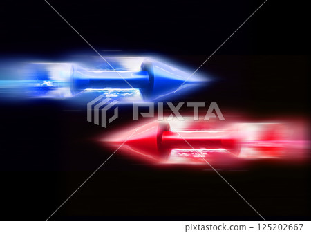 3d rendering of flying blue and red digital arrows on a black background 125202667