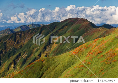 View of autumn foliage of Mt. Tainai from Monnai hut in the Iide mountain range 125202697