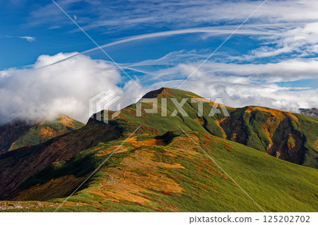 Mount Kitamata and the flowing clouds seen from Mount Monnai in the Iide mountain range 125202702