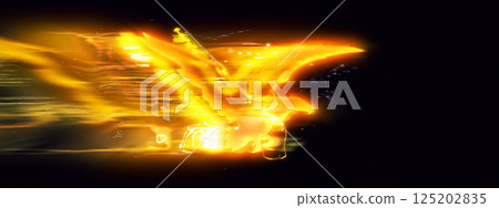3d illustration of an abstract firebird flapping its wings on a black background 125202835
