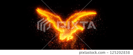 3d illustration of an abstract firebird flapping its wings on a black background 125202838