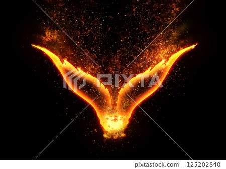 3d illustration of an abstract firebird flapping its wings on a black background 125202840