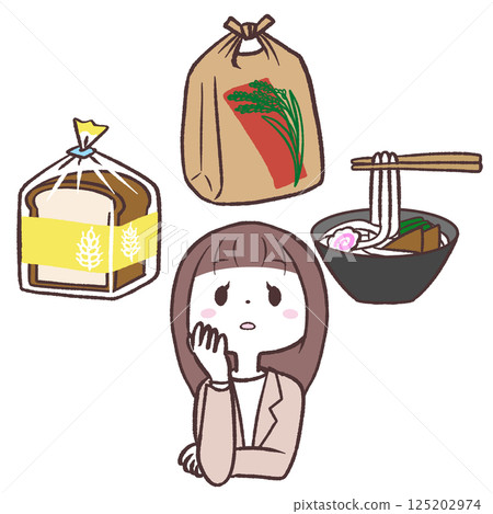 Illustration of a woman thinking about staple foods 125202974
