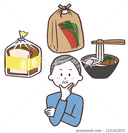Illustration of a senior man thinking about staple foods Illustration of a senior man thinking about staple foods 125202975