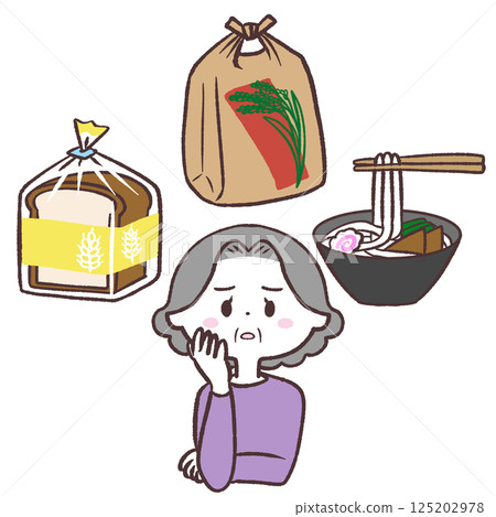 一位老年婦女思考主食的插圖 一位老年婦女思考主食的插圖 125202978