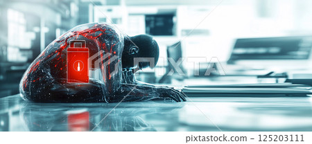 A tired, low-energy person sitting at a desk, with a battery icon symbolizing burnout and stress. This concept highlights mental exhaustion and the impact of overwork on health 125203111