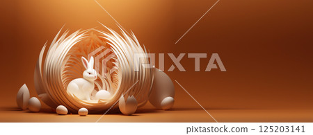 A cute brown Easter bunny hopping across a soft background, ideal for a kid-friendly design. The playful rabbit symbolizes the joy of the holiday 125203141