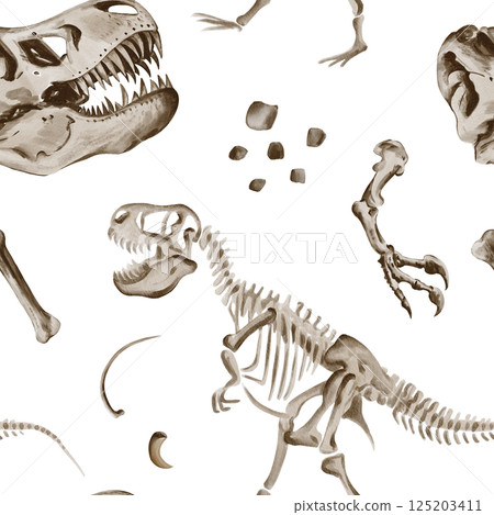 Seamless pattern with dinosaur Rex skeleton. Theranosaurus parts, bones and paws. Jurassic fossils and rocks. Watercolor illustration without background. Hand drawing. High quality illustration 125203411