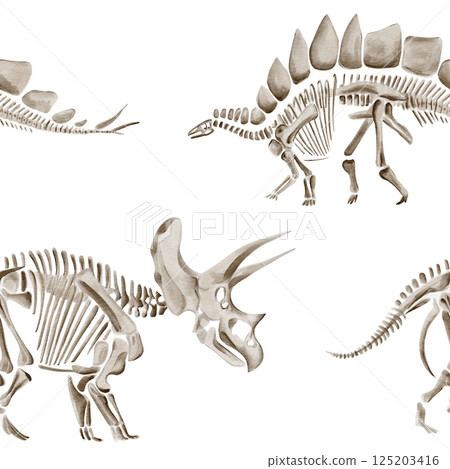 Seamless pattern with dinosaur skeletons. Traceratops and diplodocus. Prehistoric reptiles and animals. Bones and fossils of the Jurassic era. Watercolor illustration without background. Hand drawing. Seamless pattern with dinosaur skeletons. Traceratops and diplodocus. Prehistoric reptiles and animals. Bones and fossils of the Jurassic era. Watercolor illustration without background. Hand drawing. 125203416