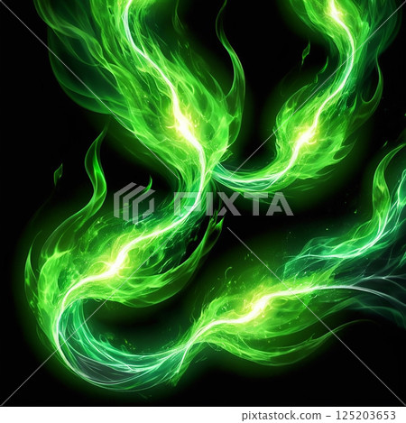 Glowing green wisps of energy swirling against a dark background creating a mesmerizing abstract design that captures the essence of light motion and ethereal beauty. 125203653