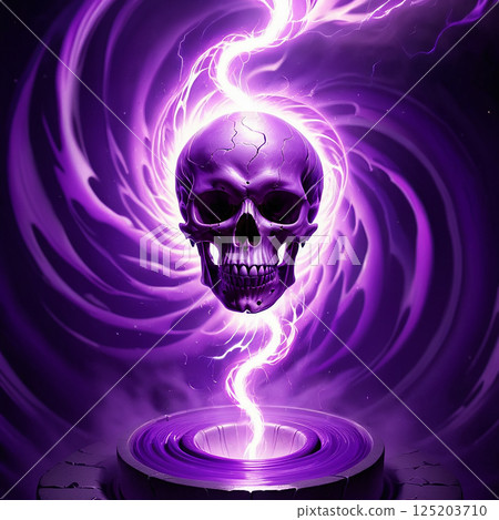 Eerie purple skull surrounded by swirling energy emanating from a circular base, creating a mystical and haunting atmosphere ideal for dark fantasy themes. 125203710