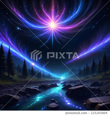 Vibrant cosmic landscape with flowing river, starry night sky, glowing nebula, and silhouetted trees reflecting in tranquil water. Vibrant cosmic landscape with flowing river, starry night sky, glowing nebula, and silhouetted trees reflecting in tranquil water. 125203804