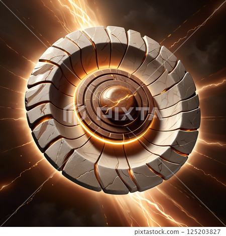 Mysterious circular object with a textured surface emitting electric energy and surrounded by dramatic lightning effects on a dark background. 125203827