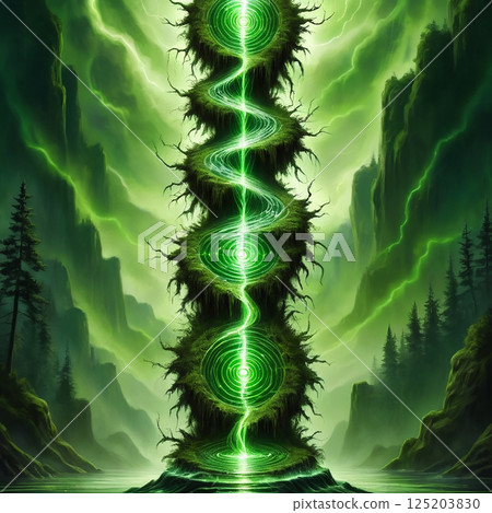 Glowing green energy tower spiraling upwards amidst a mystical forest backdrop with towering trees under a vibrant, otherworldly sky radiating fantasy elements. 125203830
