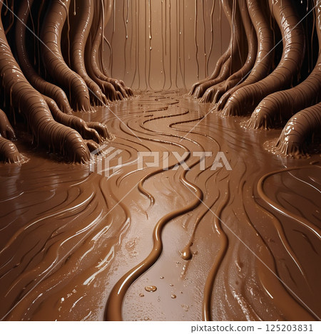 Brown tree trunks and winding paths in a chocolate-like landscape with glossy surfaces reflecting light, creating an immersive and surreal natural environment. 125203831