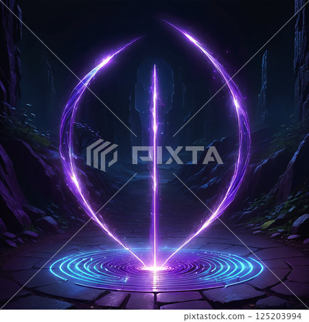 Radiant glowing orb emitting vibrant purple light surrounded by mystical rocks and a serene forest setting with soft shadows and ethereal atmosphere. 125203994