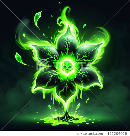 Glowing green mystical plant with skull center and swirling smoke emanating from its leaves in a dark background, symbolizing life and death combined in a haunting design. 125204036